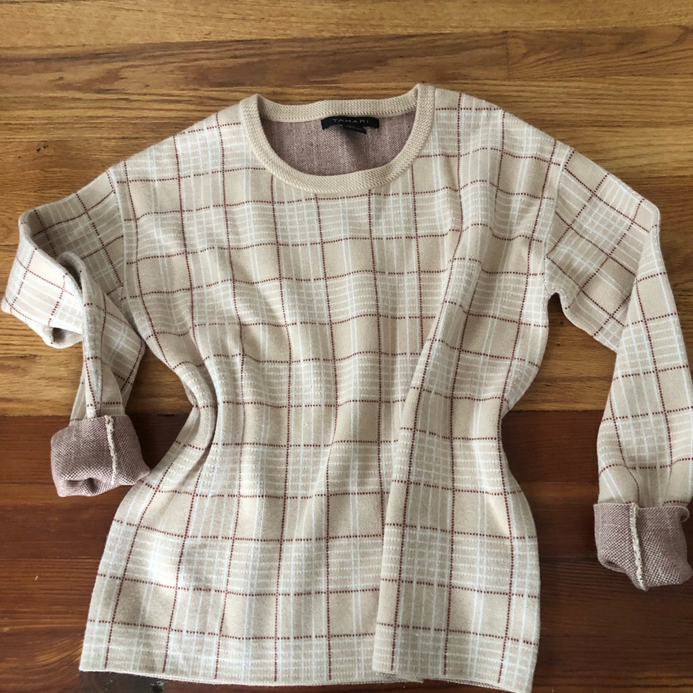 Tahari Woman Cream and Brown Plaid Sweater